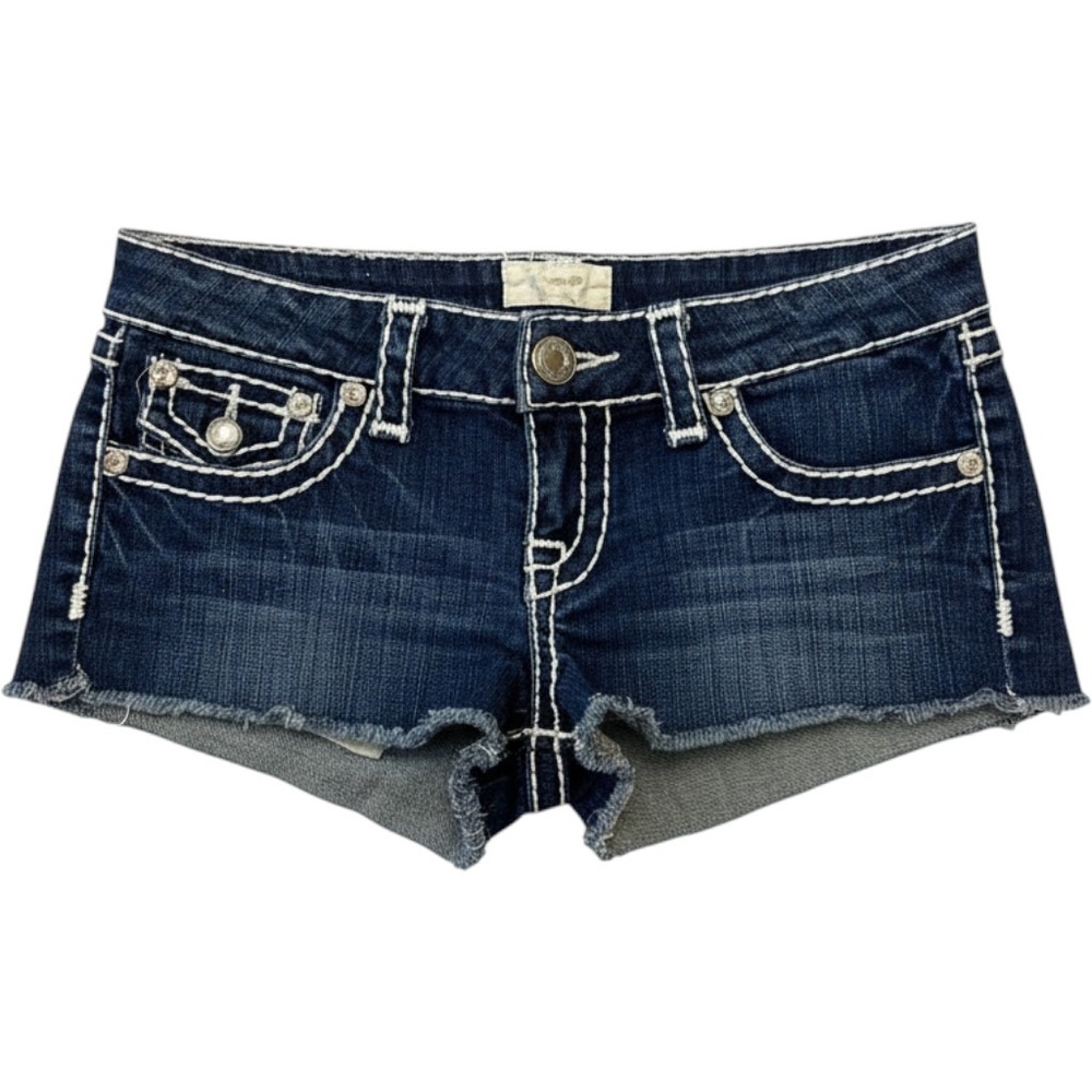 LA Idol USA Women Dark Wash Denim Cut Off Shorts White Stitch Rhinestone Size S